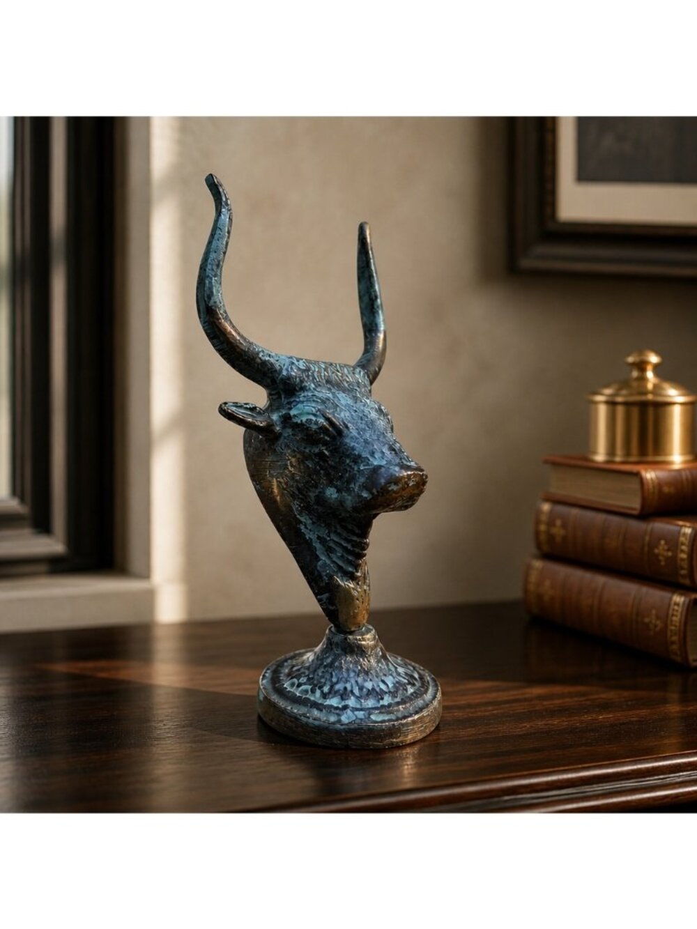 Bronze Bull Bust Decorative Sculpture With Patina Finish Mid-Century Style 7" Ta